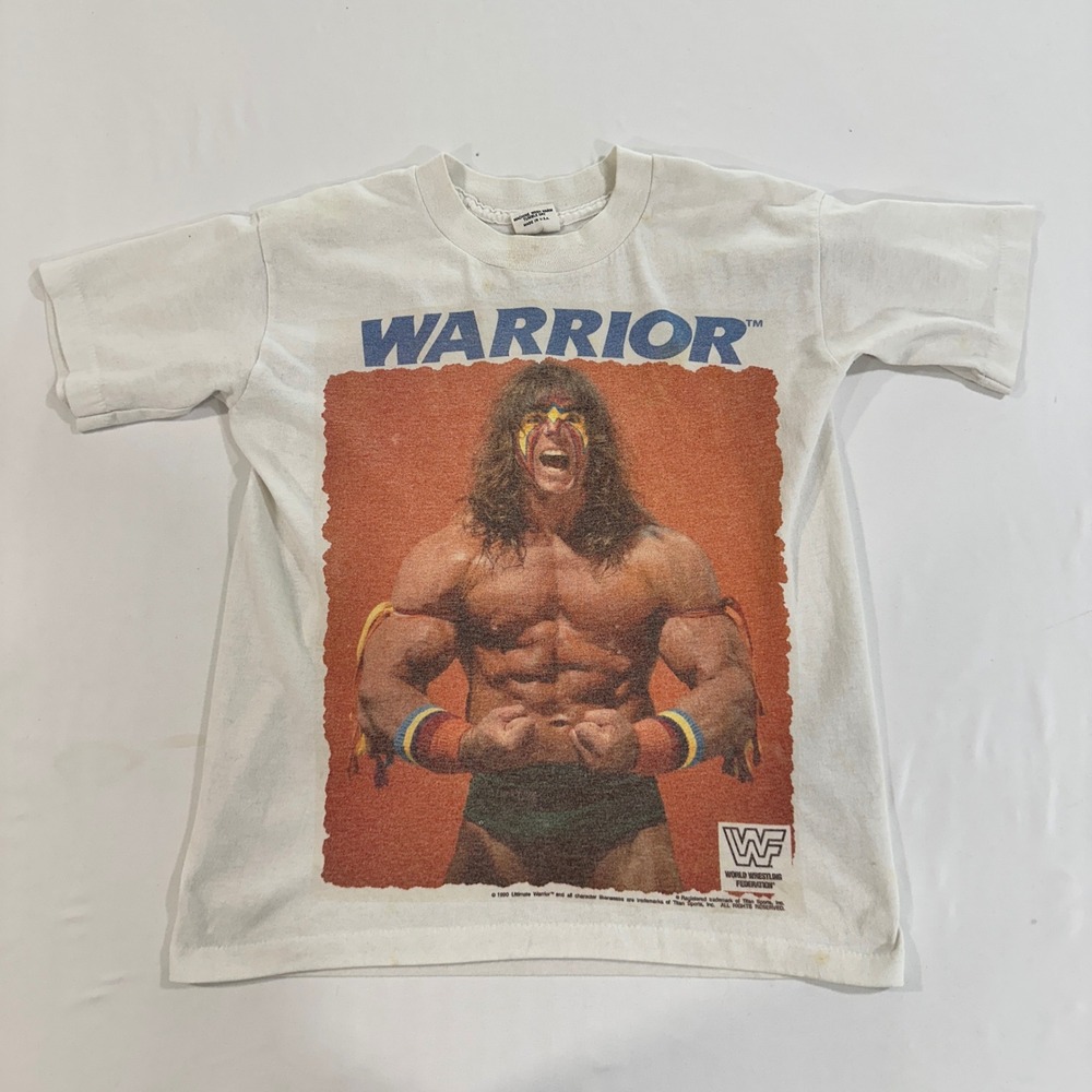 Vintage WWF Ultimate Warrior T Shirt Kids 14/16 White 50/50 1990 Wrestling Retro